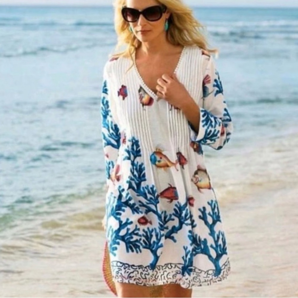 Soft Surroundings Seychelles Vibrant Fish & Cora Print Swim Cover LP